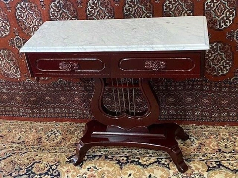 Top Marble Table Mahogany Drawer Harp Base Victorian Table Genuine Cover