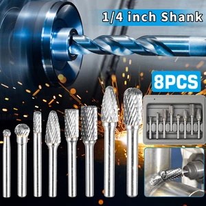 8x Double Cut Tungsten Carbide Burrs Rotary Burr Set 1/4" Shank Die Grinder Bit - Picture 1 of 13