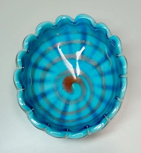 Vtg Murano Italy Art Glass Ashtray Dish Scalloped Edge Aqua Copper White 7.5" - Picture 1 of 12