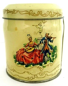 Vintage 18th Cent Couple Violin Lute Lidded Daher Design NY England Round Tin  - Picture 1 of 6