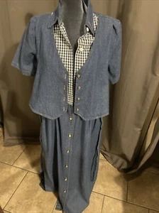 Denim Dress Vest Tie Back 12 Large Vintage 90s cottage core midi - Picture 1 of 11