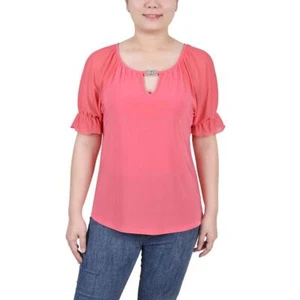 NY Collection Womens Pink Keyhole Ruffled Top Blouse Shirt Petites PL BHFO 3109 - Picture 1 of 1