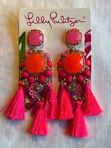 Lilly Pulitzer Earrings Waterside Kitschy Coral Pink Dangle Statement Gold Tone