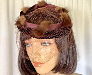 Vintage mink Fur cocktail Hat brown Circle halo Satin veil 60s glam Luxe formal - Picture 1 of 6