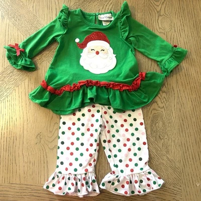 Rare Editions Santa Applique 2 Piece Outfit Green White Santa Toddler Girls 12M - Image 1 of 4
