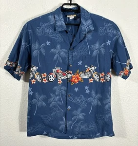 Vintage Hawaiian Shirt Mens Size XL Blue Cotton Floral Motorcycles - Picture 1 of 8