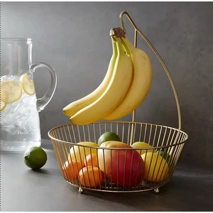 Metal Wire Fruit Basket with Banana Hanger Gold |Round Fruit Bowl & Banana Stand - Picture 1 of 7