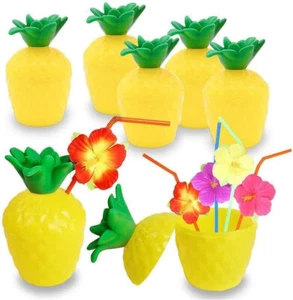 18 x Plastic Pineapple Shaped Cups & Drinking Straws Hawaiian Party Cocktails - Picture 1 of 6