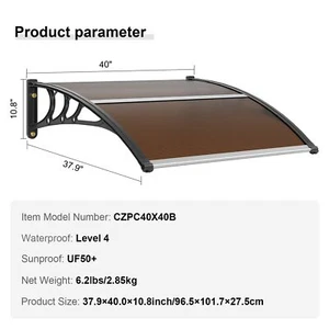 Front Door Canopy Porch Rain Protect 40" x 40" UPF 50+ Polycarbonate Entry Door - Picture 1 of 9