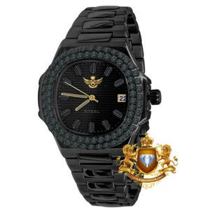 Men's Solid Steel Black Dial 18K Black Gold Simulated Diamond 36mm Watch W/Date - Picture 1 of 7