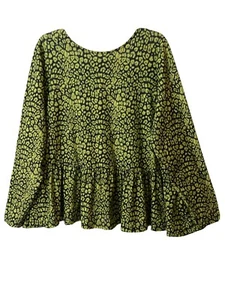 ASOS Top Women 20 Green/Navy Stretch Knit Round Neck Long Sleeve Ruffle Hem Boho - Picture 1 of 8