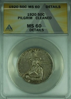 1920 Pilgrim Commemorative Silver Half 50c ANACS MS-60 Details Cleaned  (44)  - Image 1 of 2