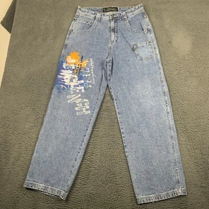 Vtg Clench Mens Jeans 34x30* Baggy Blue Linen Cotton Streetwear Graffiti Paint - Picture 1 of 13