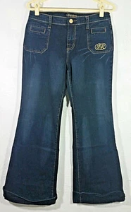 Fabulosity Juniors Jeans Size 7 Blue Dark Wash Wide Embroidered Cuffed Pants - Picture 1 of 3