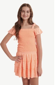 Justice Girl 2 Pc Smocked Cold Shoulder Top+Skirt Ruffl Cantaloupe Melon Size 10 - Picture 1 of 6