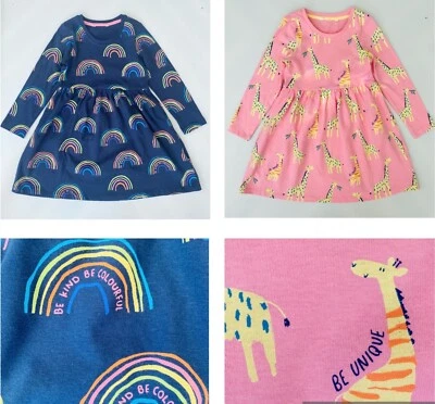 EX FAMOUS STORE BRAND Ex Marks Girls Cotton Dress Navy Rainbow Giraffe Long Sleeved Soft Skater NEW