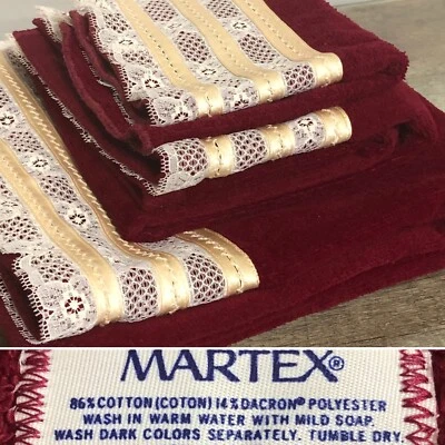 Juego de toallas de baño vintage MARTEX 3 piezas encaje borgoña 1 baño 1 mano 1 paño Foto 1 de 4