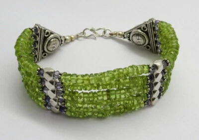 01 Chokar Bracelet Natural Gemstone Peridot 925 Silver Antique Beads 8" Long    - Image 1 of 4