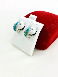 925 Sterling Silver Opal Hoop Huggie Earrings 13mm Fancy Round Womens Argollas - Picture 1 of 4