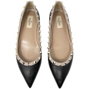 Valentino Rockstud Gold Studded Two Toned Black Tan Leather Pointed Toe Flats