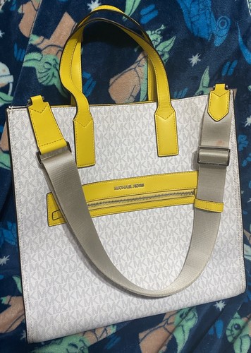 Borsa Michael Kors Kenly Large North South bianca MK firmata giallo agrumi