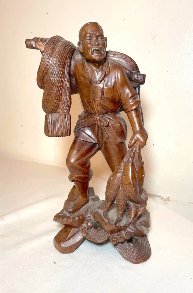 antique Chinese hand carved hard wood fisherman sculpture statue figure glass - Image 1 of 4