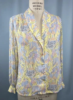 Blusa Top Vintage TALLA MEDIANA amarillo pastel gris años 80 90 DALTON georgette transparente Foto 1 de 4