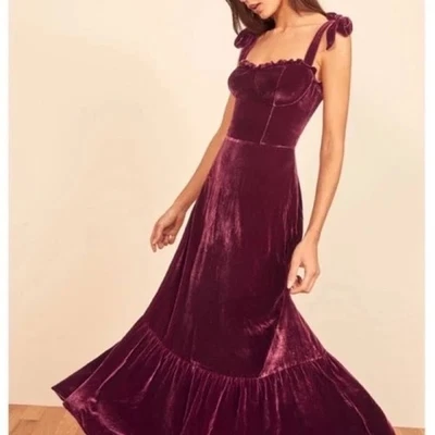 NWT Reformation Antoinette Velvet Corset Dress Plum Sz 6 Bow Tie Straps - Image 1 of 4