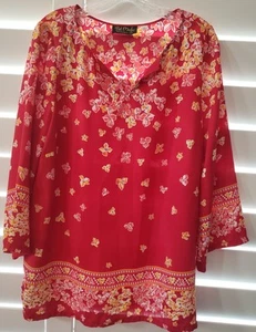 Ladies BOB MACKIE 3/4 Slv Knit Tunic Top, Red Floral, size L - Picture 1 of 1