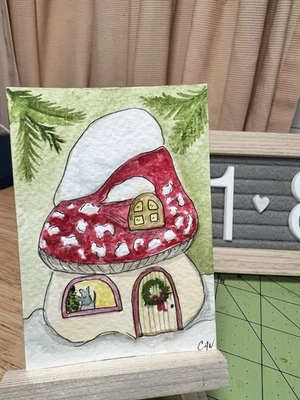 Pintura original ACEO/ATC 2,5 x 3,5 pol., aquarela caprichoso cogumelo Natal - Imagem 1 de 2