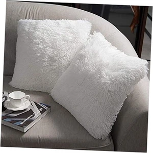 Luxury Soft Faux Fur Fleece Cushion Cover 18" x 18" (Pack of 2) A-white - Picture 1 of 7