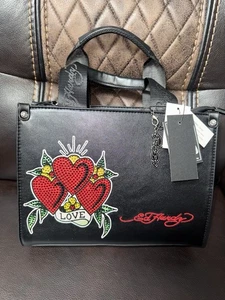 New Ed Hardy Black Square Tote Crossbody Handbag Rhinestone Red Heart Love Skull - Picture 1 of 4