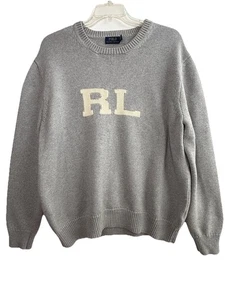 Polo Ralph Lauren Sweater Mens 2XL  XXL Gray Intarsia RL Logo Cotton Pullover - Picture 1 of 6
