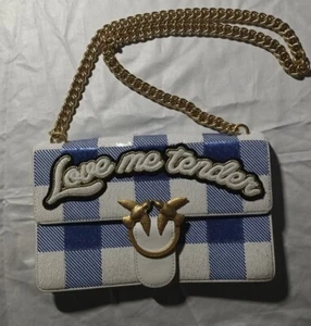PINKO Blue White Plaid Leather Sequins Love Me Tender Damier Chain Flap Bag - Picture 1 of 13