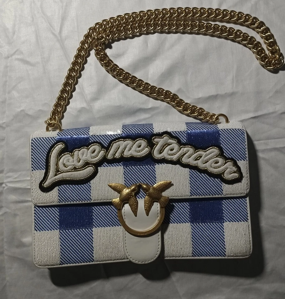 Bolso PINKO Azul Blanco Cuero a Cuadros Lentejuelas Love Me Tender Damier Cadena Solapa Foto 1 de 4