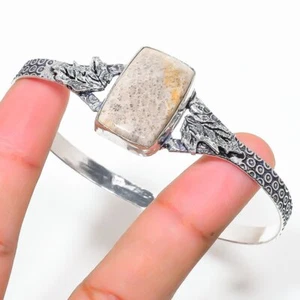 Fossil Coral Gemstone Handmade 925 Sterling Silver Cuff Bangle Adjustable - Picture 1 of 5