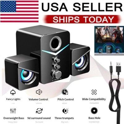 USB Computer Speakers System Stereo Bass Subwoofer LED for Desktop Laptop PC US - Image 1 of 4