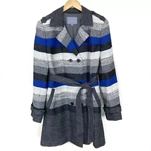 Classique Entier Striped Blue Gray Trench Coat Jacket Wool Blend Women’s XL NWOT - Picture 1 of 4