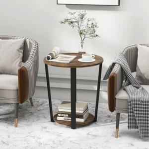 2-Tier Round End Table with Storage Shelf and Metal Frame - Picture 1 of 10