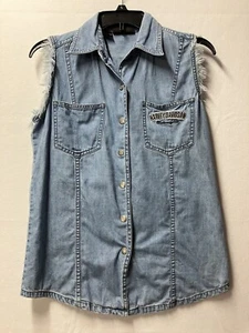 Harley Davidson Embroidered Graphic Print Sleeveless Snap Button Denim Top Small - Picture 1 of 6