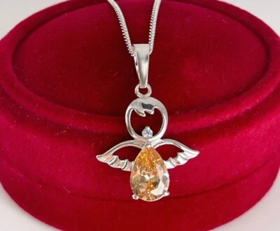 Edel Halskette Engel Herz Anhänger Zirkonia Kristall 18K Weißgold vergoldet - Bild 1 von 4