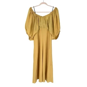 Tibi Silk Midi Dress Womens Size 6 Yellow Balloon Puff Sleeve Off-Shoulder - Picture 1 of 14