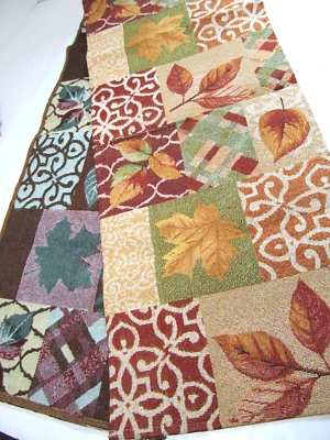 Long Tapestry Table Runner 13"x69" Fall Thanksgiving Gold Sparkle Oak Leaf N - Image 1 of 4