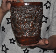 8"China Bamboo root Carved Ancient General Strangle statue Brush pot pencil vase