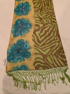 Sue Wong Bufanda Mantón Flores Marrón Teal Azul Verde Blanco Cuentas 100% Seda Mul 15 Foto 1 de 4