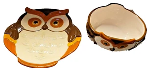 Set of 2 Hand Painted Ceramic Owl Serving Tray and Bowl Set 9 x 8'' and 6 x 3'' - Picture 1 of 3