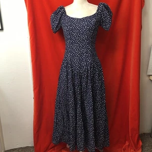 Vestido midi Loralie vintage años 80 cintura caída azul lunares talla 12 se adapta a 8 - Imagen 1 de 9