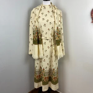 Jeanne Durrell Vintage neutral 3 Stück Blumen Langarm Kleid Schal & Gürtel - Bild 1 von 11