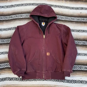 Men's Carhartt Maroon Red Insulated Duck Canvas Active Hooded Work Jacket Sz M - Picture 1 of 9