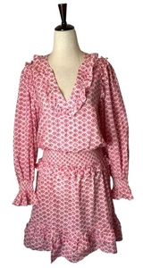Vestido Zadig & Voltaire Mujer XL Rosa Blanco Judo Mal de Ojo Volantes Ajuste y Acampanado - Imagen 1 de 10